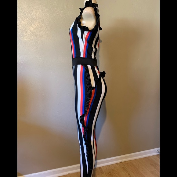 Fashion Nova Kayla size S blue black combo striped jumpsuit ruffled trim - Picture 3 of 7